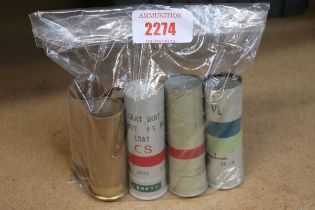 Five empty 1½ ins flare, smoke & C.S. gas cases, together with three rubber baton bullets for riot
