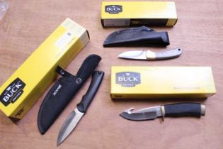 Boxed Buck Ranger Skinner knife with sheath, boxed Buck Zipper Gutting knife, and boxed Buck