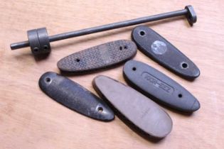Five recoil pads inc. AYA, Kickeez, Pachmayr, Kassnar, and a target rifle barrel weight