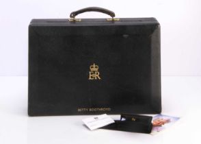 A black leather House of Commons dispatch box with gilt tooling bearing cypher for Elizabeth II and