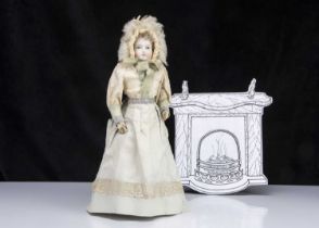 An unmarked early fashionable doll with solid domed head,