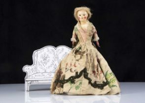 A very rare early English papier-mache shoulder head doll probably by a wooden doll maker circa 1780