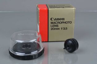 A Canon 20mm f/3.5 Macrophoto Lens,