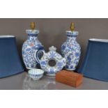 A pair of modern Chinese blue and white porcelain lamps and shades,