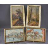 Two decorative early 20th Century framed oil on card landscape paintings,