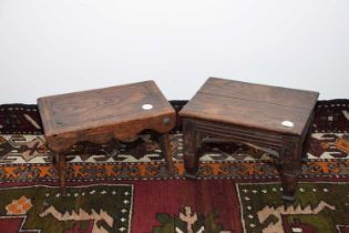 Two hardwood folk art small footstools