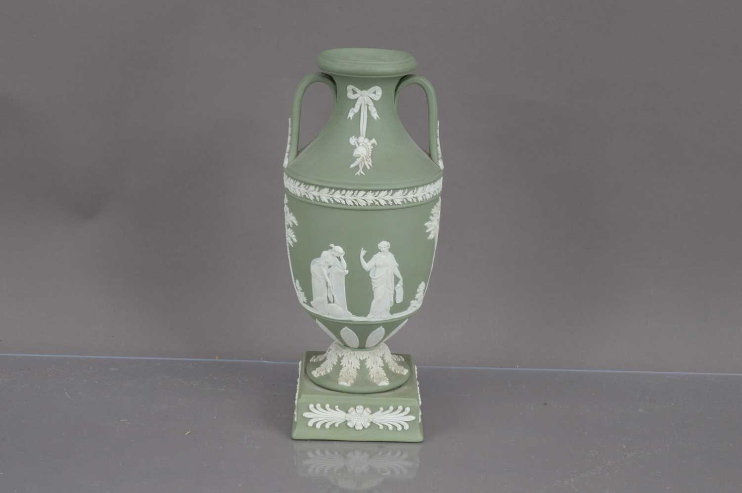 A Wedgwood green jasperware trophy vase urn,