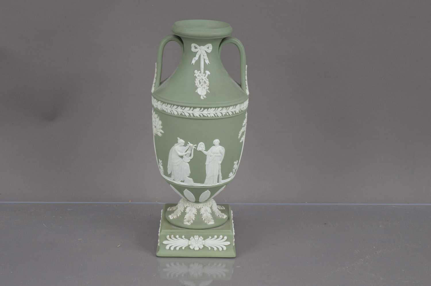 A Wedgwood green jasperware trophy vase urn, - Image 2 of 8