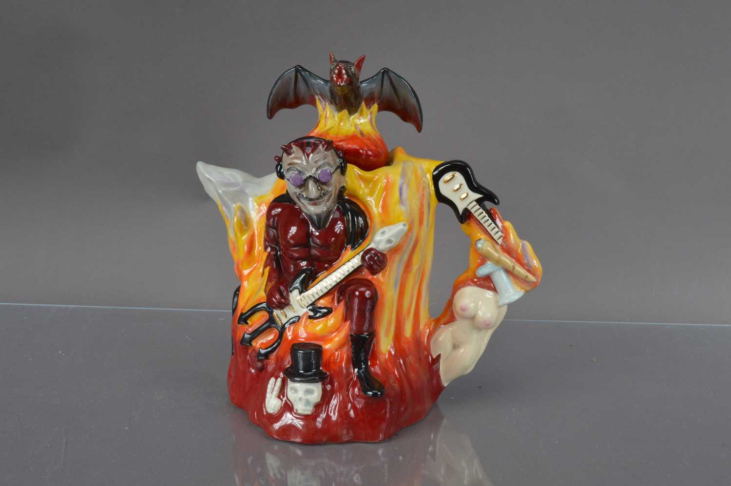 A novelty "Bat Out of Hell" pottery teapot designed by Vince McDonald for 'Totally Teapots' of Stoke