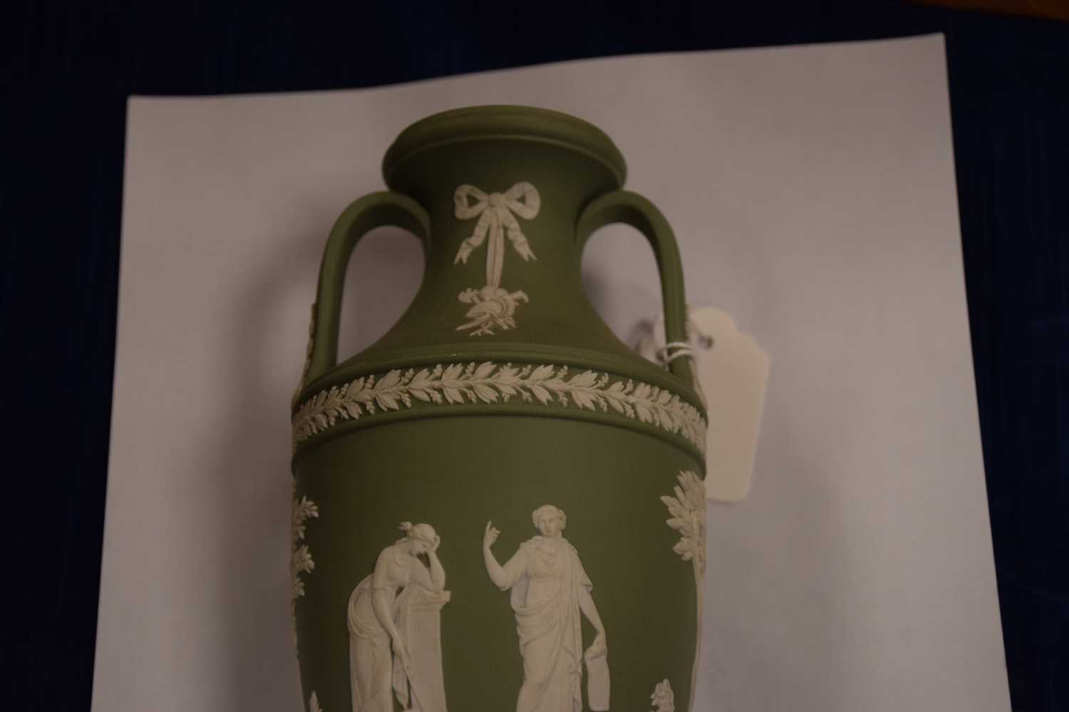 A Wedgwood green jasperware trophy vase urn, - Image 8 of 8