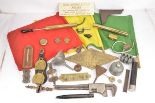 Assorted metal memorabilia including a reproduction loco worksplate and flags (qty),