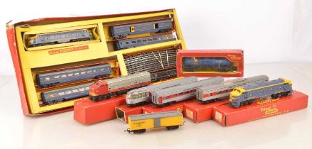 Three Tri-ang 00 Gauge Transcontinental Train Sets and separate Locomotive Coaches and Freight Stock
