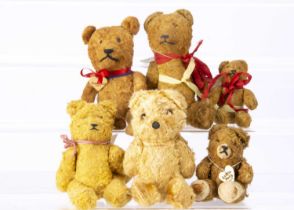 Six small German post-war pin-jointed teddy bears,