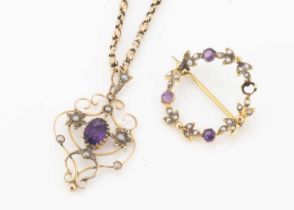 Two Edwardian 9ct gold amethyst and seed pearl jewels,