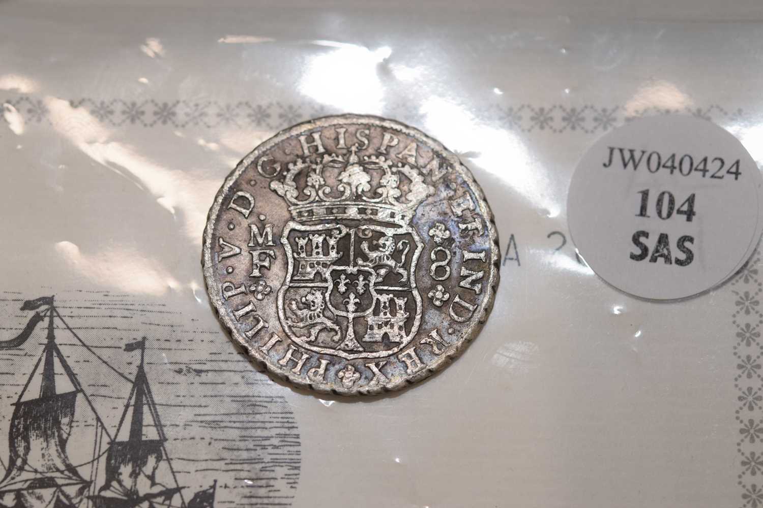 An 18th century Spanish Empire 8 Reales Style white metal coin, - Image 7 of 9