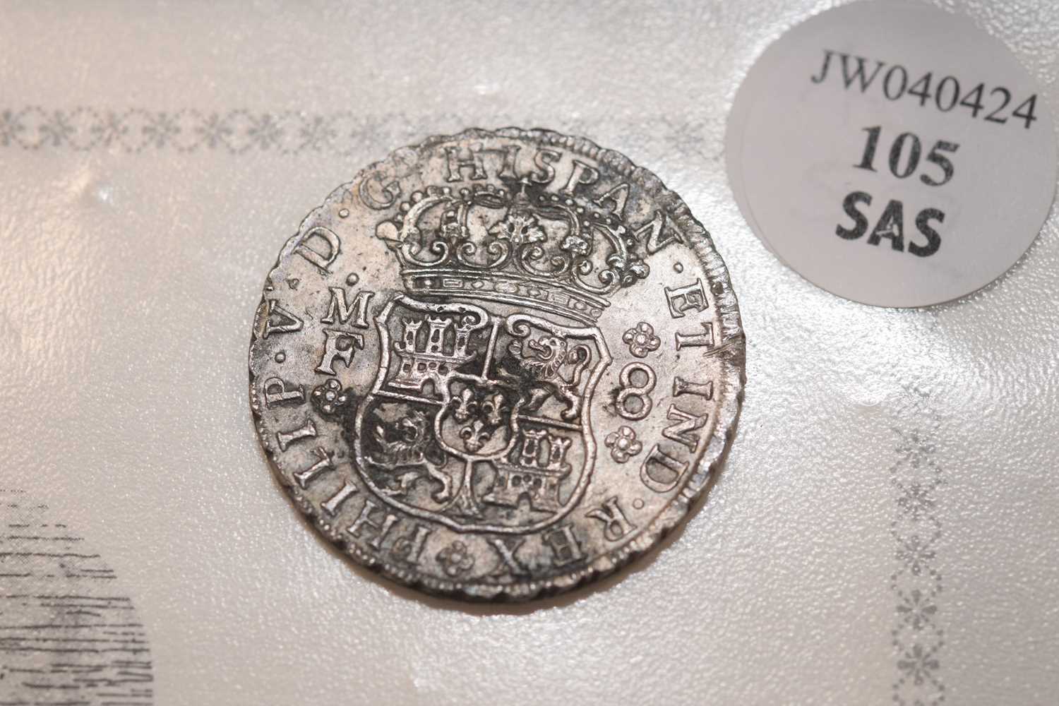 An 18th century Spanish Empire 8 Reales Style white metal coin, - Image 6 of 9