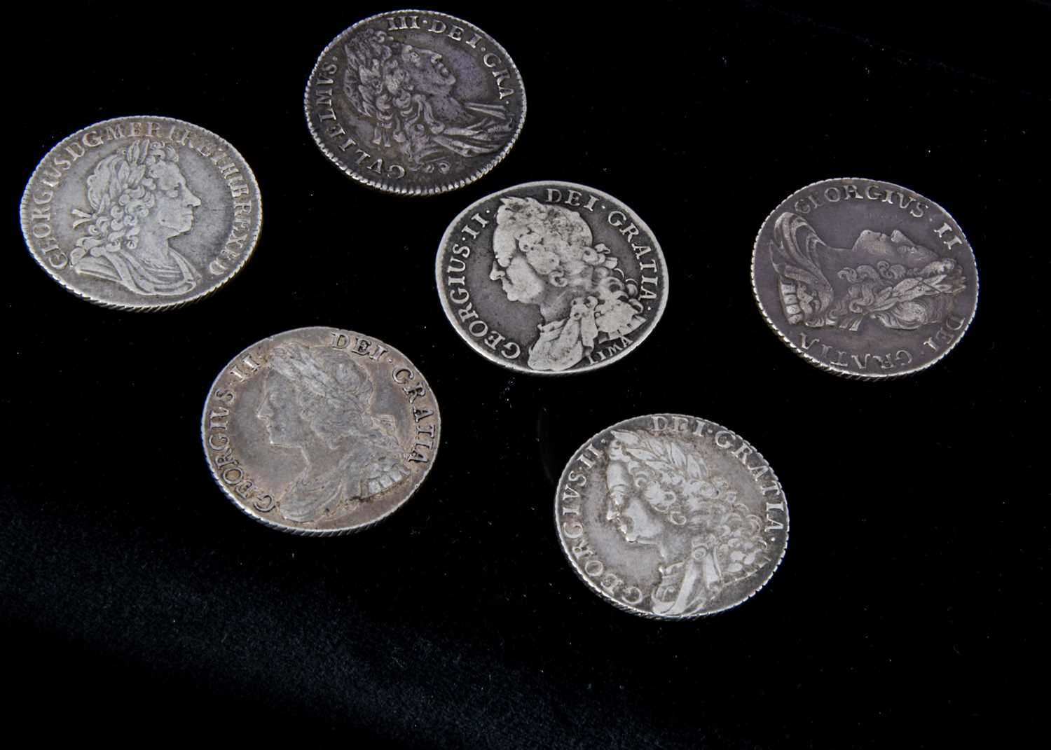 A collection of six early milled British shillings, - Image 2 of 2