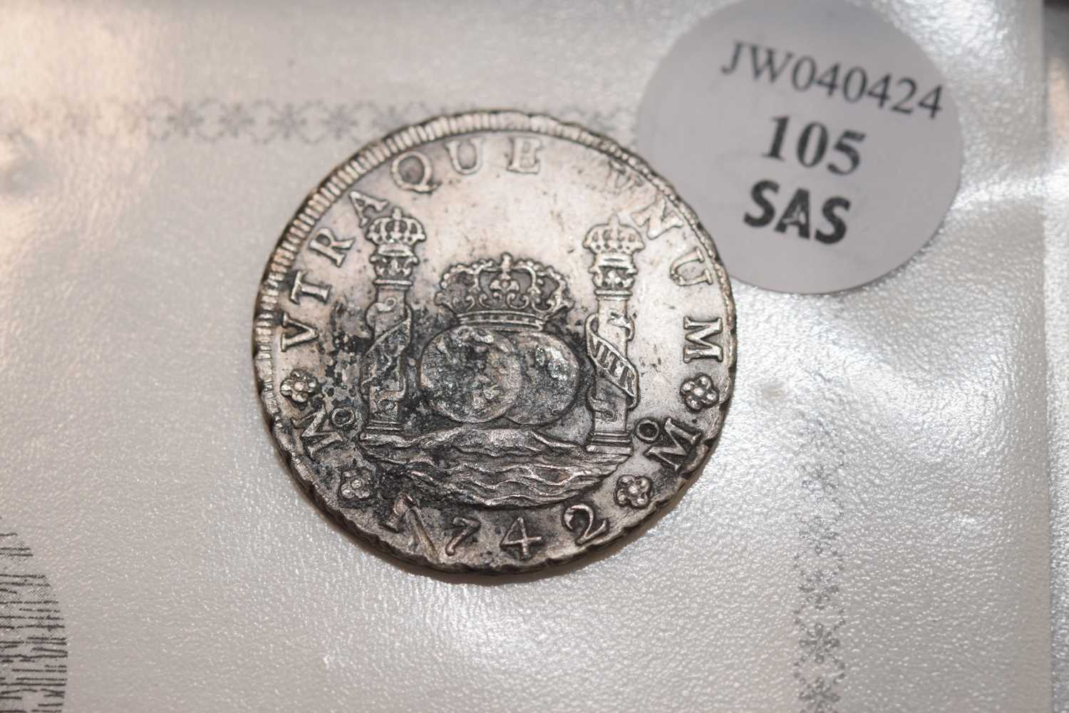 An 18th century Spanish Empire 8 Reales Style white metal coin, - Image 7 of 9