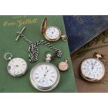 Four pocket watches and a 9ct gold spining fob seal,