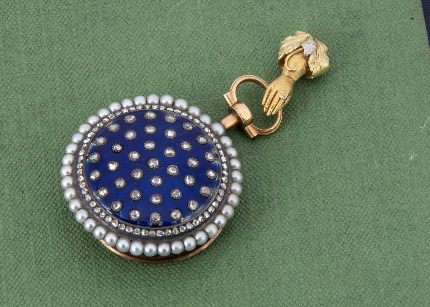 A pretty 19th century continental gold and enamel with diamond and seed pearl ladies fob watch, - Image 2 of 12