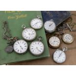 Three Victorian silver open faced pocket watches and four pocket watches,