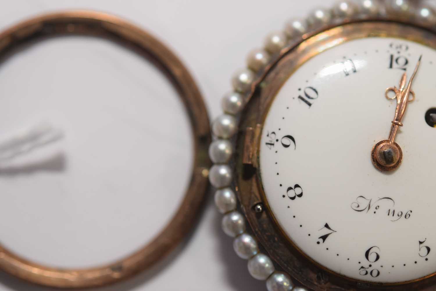 A pretty 19th century continental gold and enamel with diamond and seed pearl ladies fob watch, - Image 8 of 12