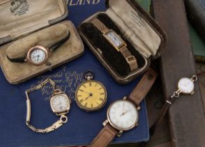 Five vintage gold cased wristwatches and a gold pocketwatch,