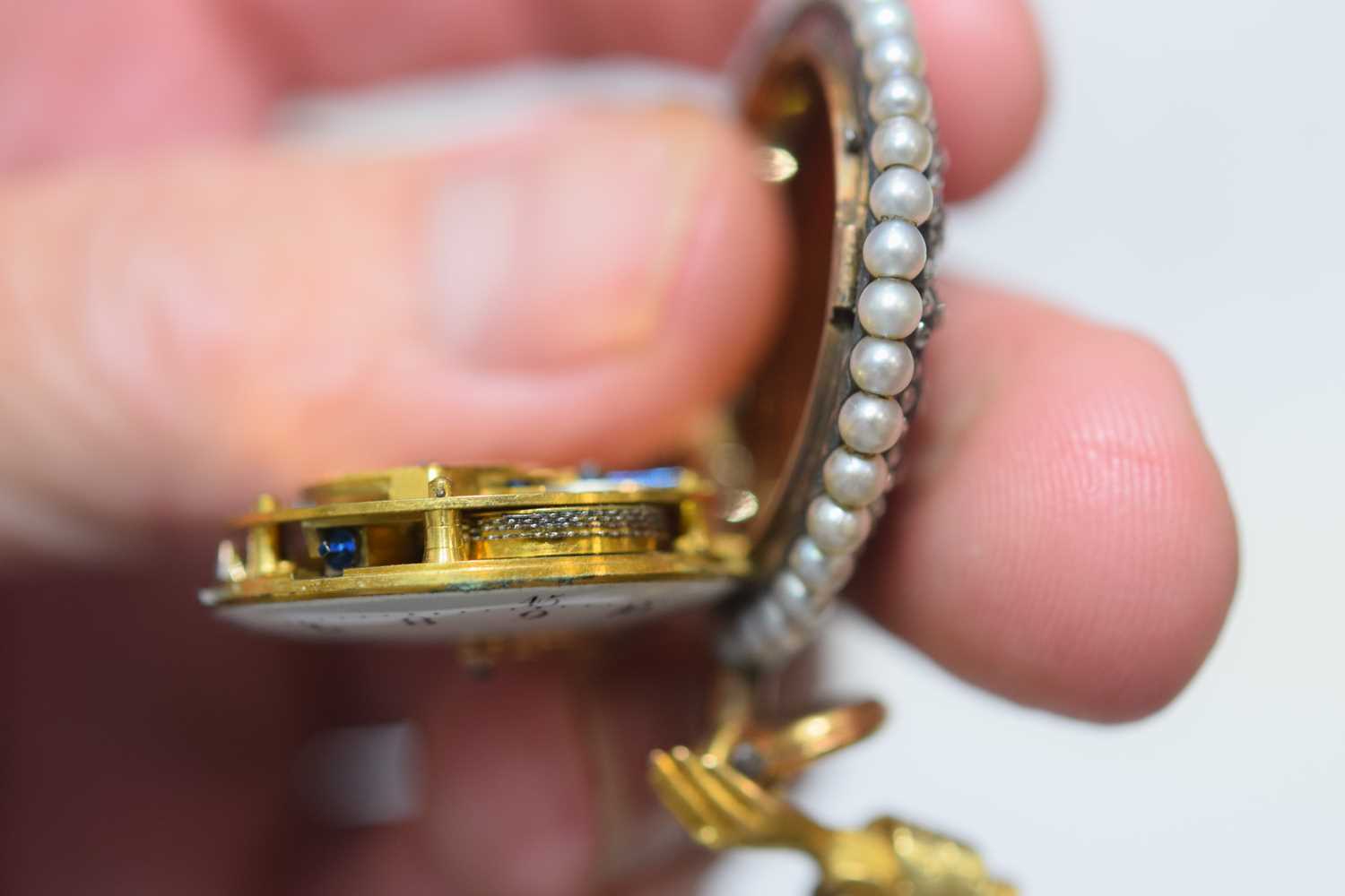 A pretty 19th century continental gold and enamel with diamond and seed pearl ladies fob watch, - Image 12 of 12