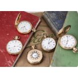 Five first half 20th century gold pocket watches,