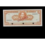 Specimen Bank Note: Central bank of Nicaragua specimen 20 Cordobas,