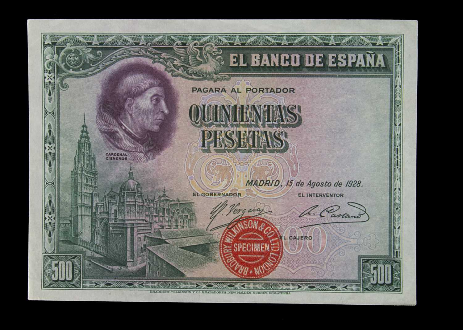 Specimen Bank Note: Spain specimen 500 Pesetas,