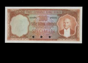 Specimen Bank Note: Turkey specimen 100 Turk Lirasi,