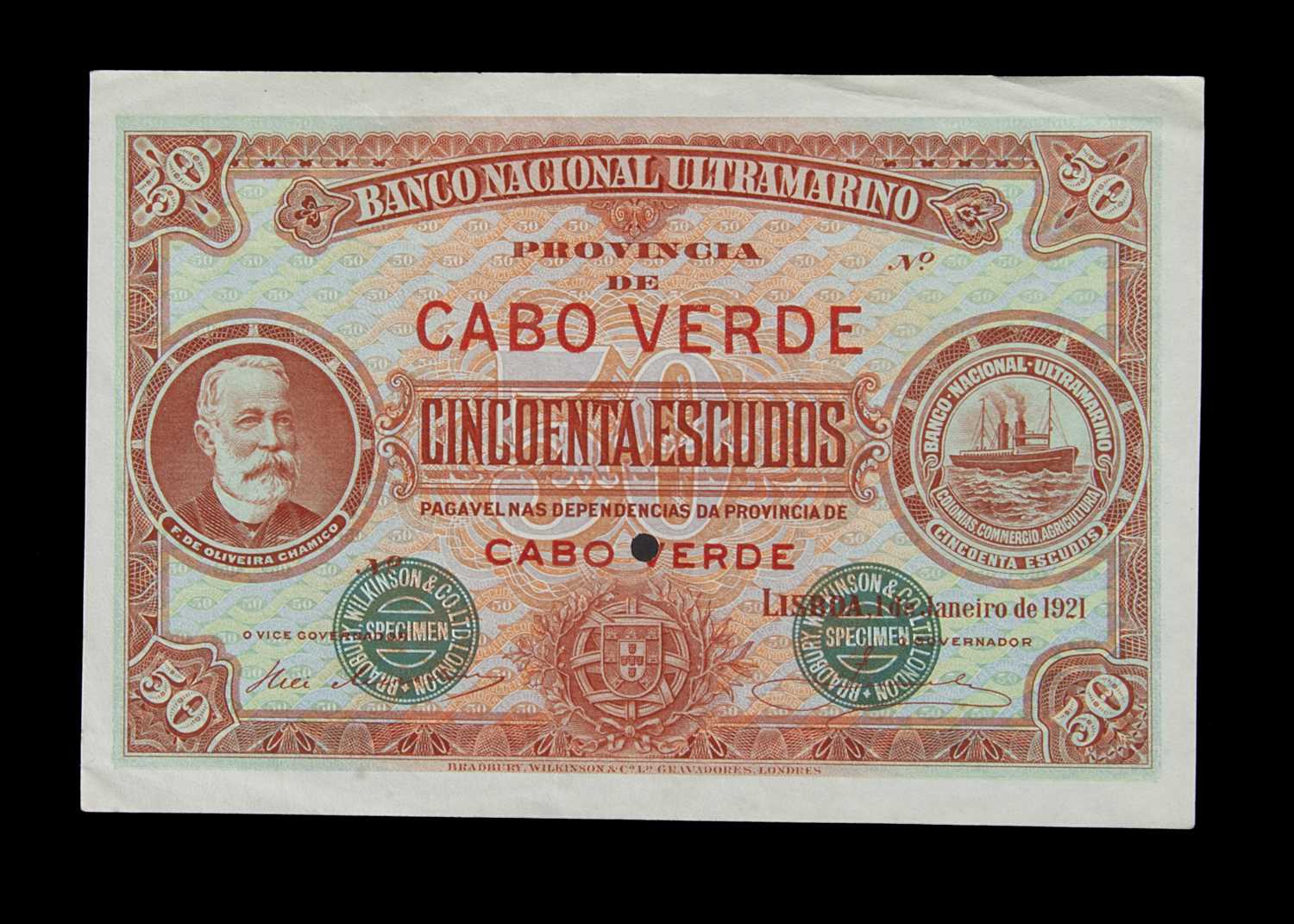 Specimen Bank Note: National Bank Ultramarino specimen 50 Escudos,