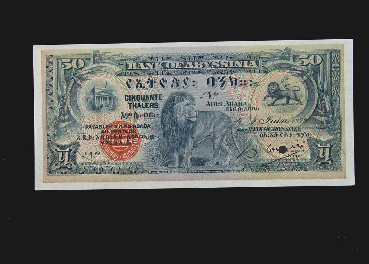 Specimen Bank Note: Abyssinia specimen 50 Thalers,