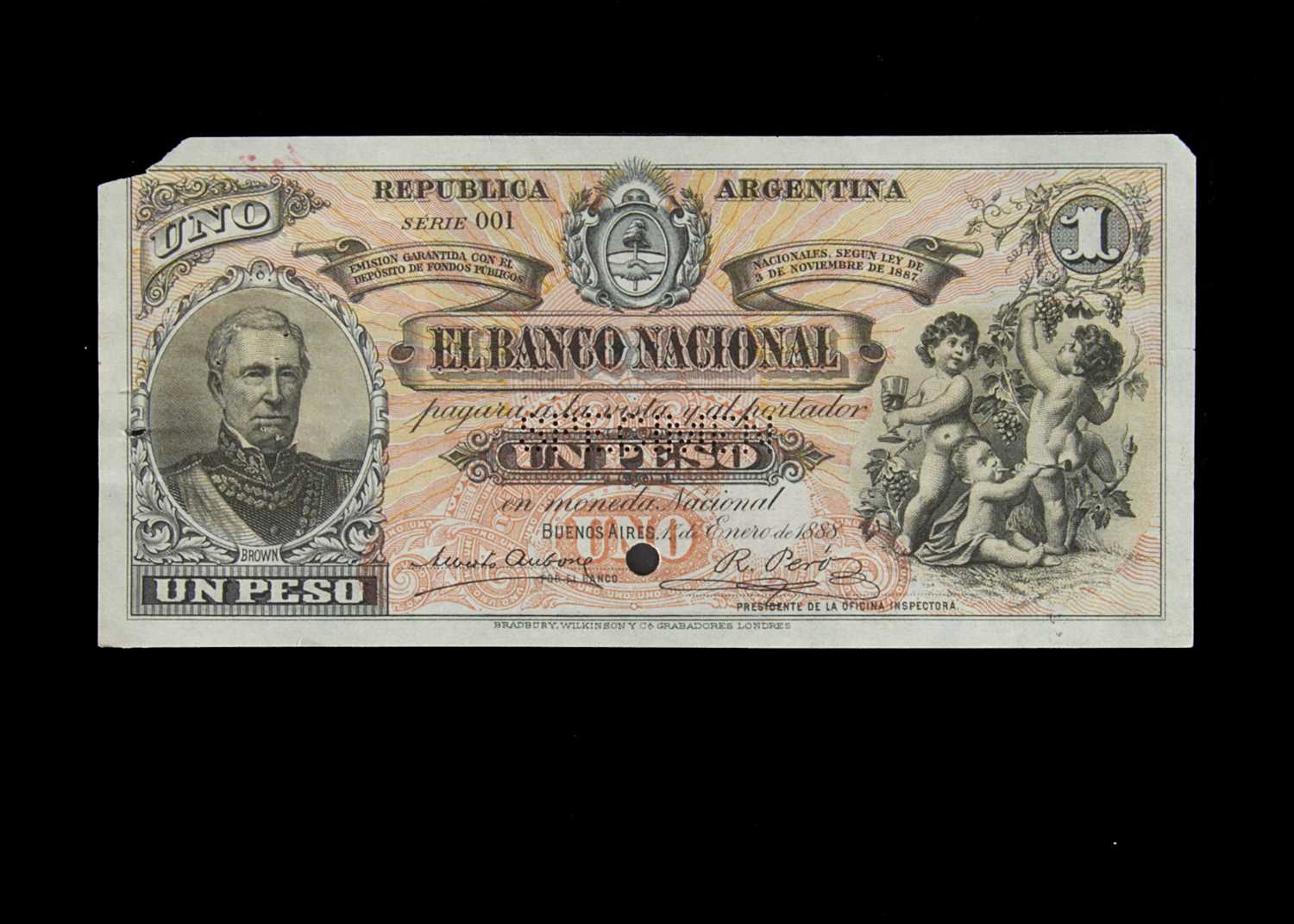 Specimen Bank Note: National Bank of Argentina specimen 1 Peso,