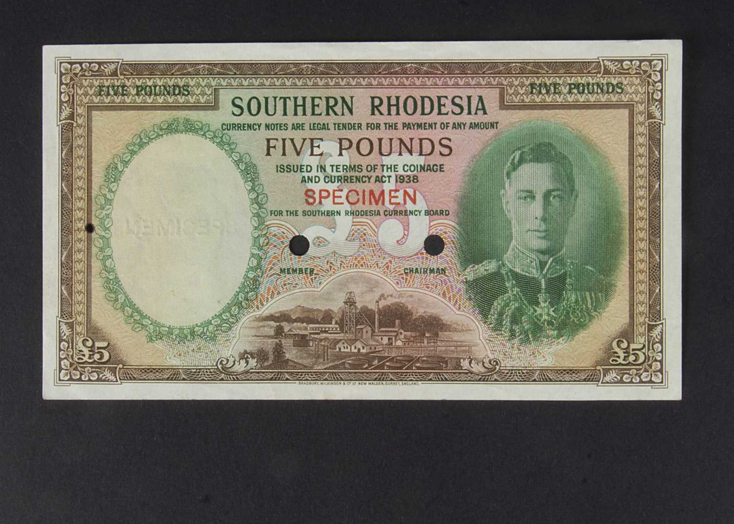 Specimen Bank Note: Southern Rhodesia specimen 5 Pounds,