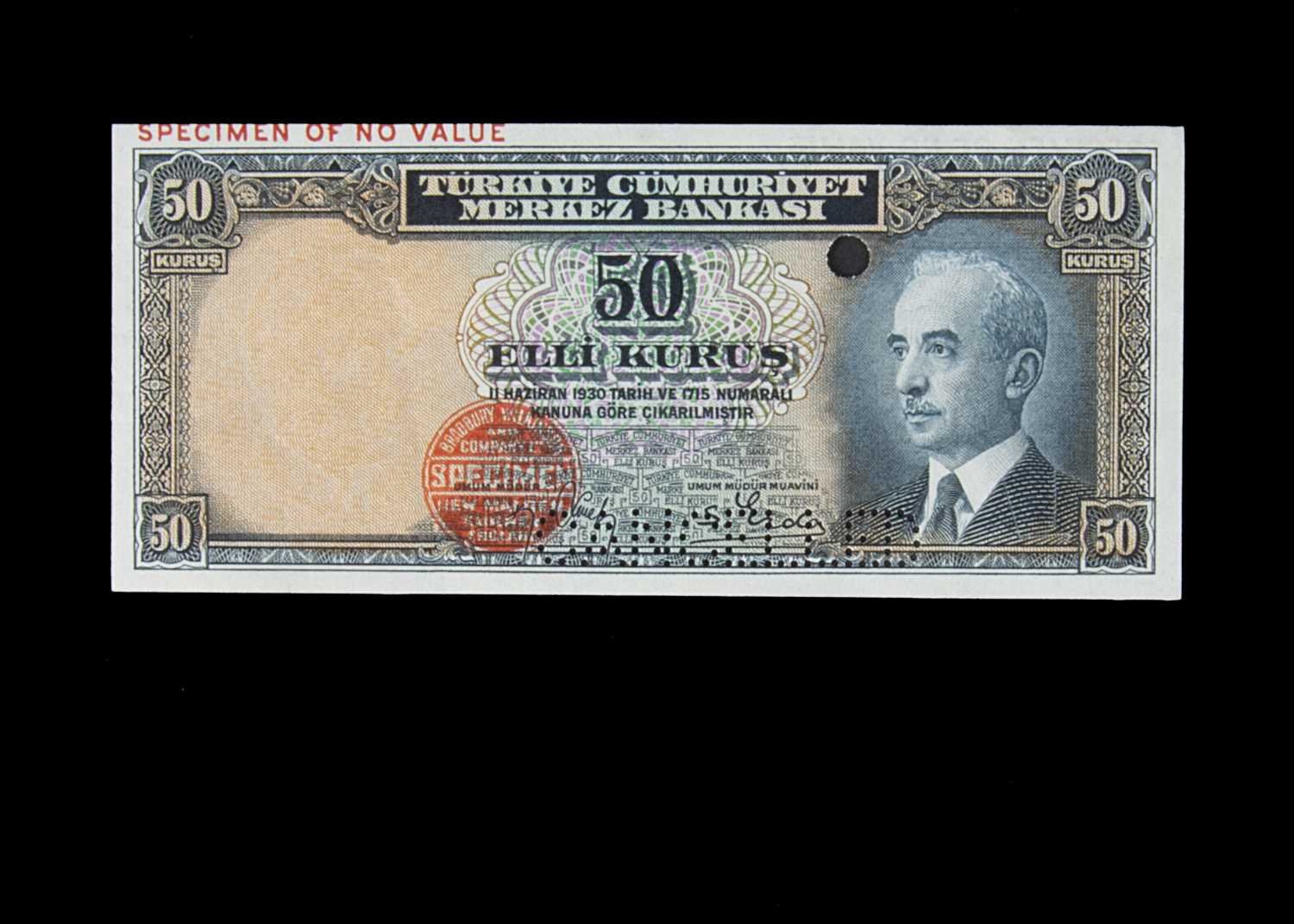 Specimen Bank Note: Turkey specimen 50 Kurus,