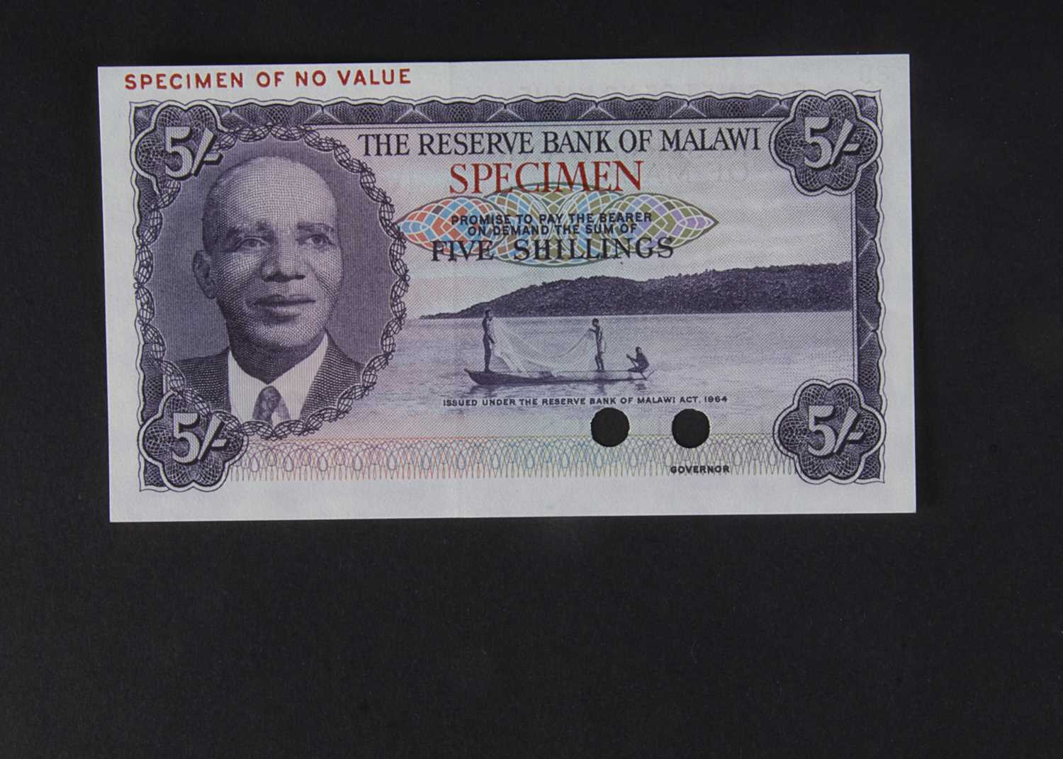 Specimen Bank Note: Reserve Bank of Malawi specimen 5 Shillings,