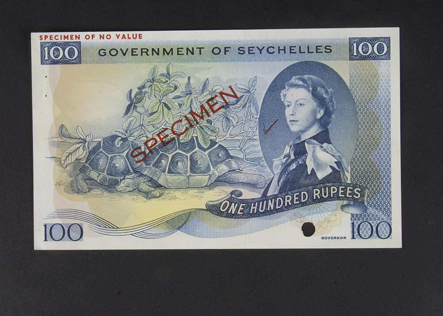 Specimen Bank Note: The Government of Seychelles specimen 100 Rupees,