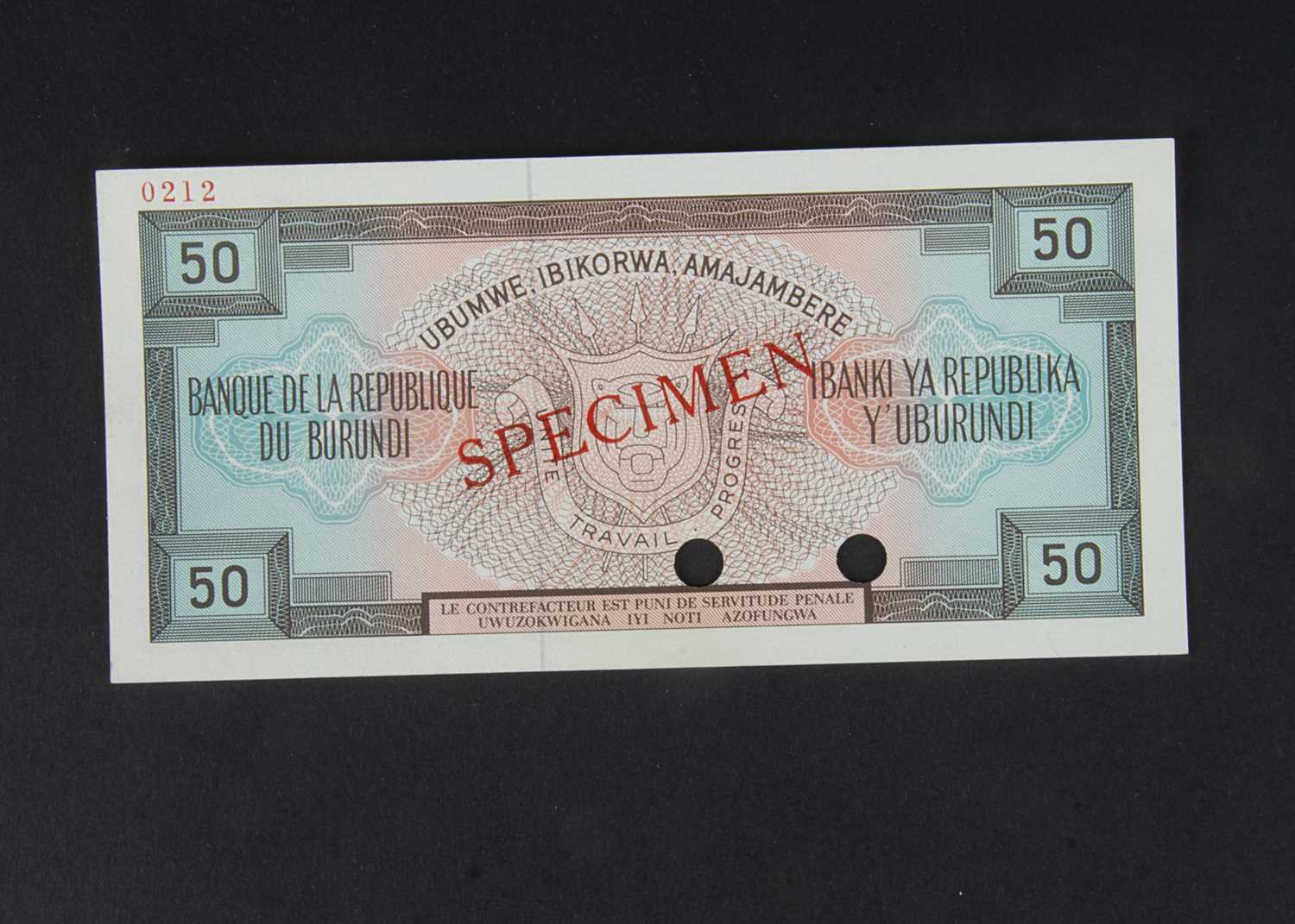 Specimen Bank Note: Burundi specimen 50 Francs, - Image 2 of 2