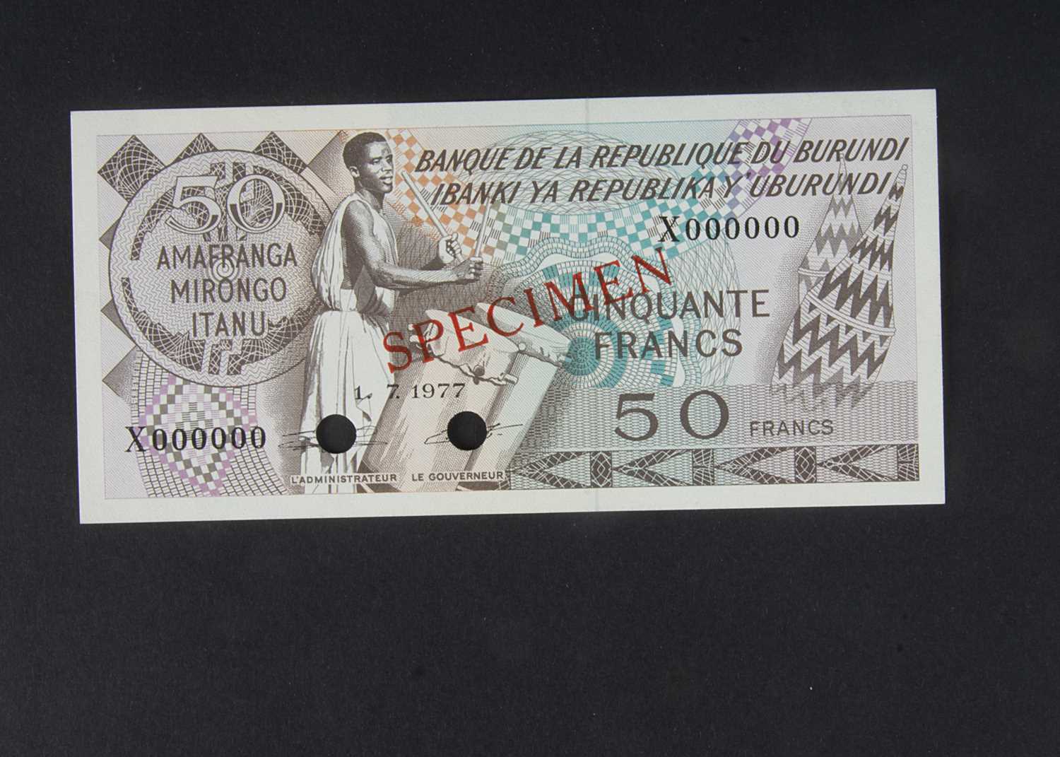 Specimen Bank Note: Burundi specimen 50 Francs,