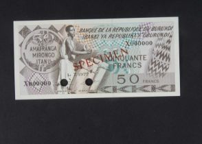 Specimen Bank Note: Burundi specimen 50 Francs,