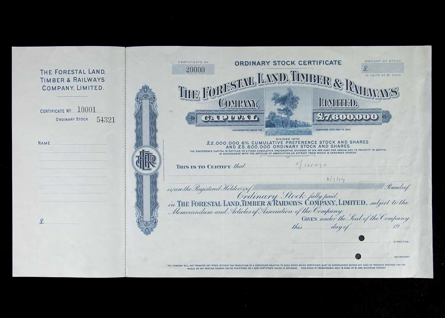 The Forestal Land Timber & Railways Co Ltd Specimen stocks and shares certificate,