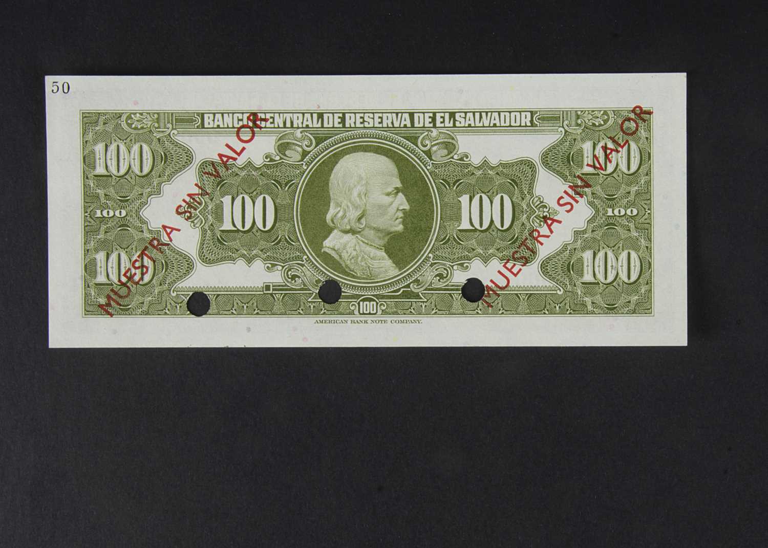 Specimen Bank Note: El Salvador Specimen 100 Colones, - Image 2 of 2