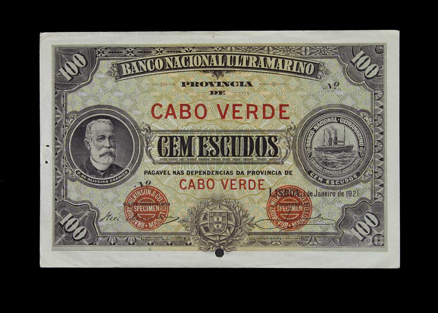 Specimen Bank Note: National Bank Ultramarino specimen 100 Escudos,