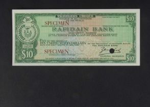 Specimen Bank Note: Iraq Rafidain Bank specimen 10 dollars travellers cheque,