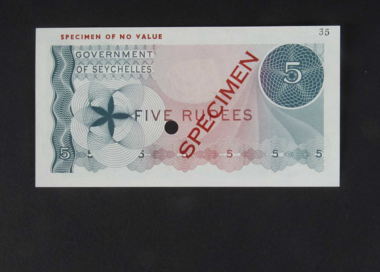 Specimen Bank Note: The Government of Seychelles specimen 5 Rupees, - Image 2 of 2