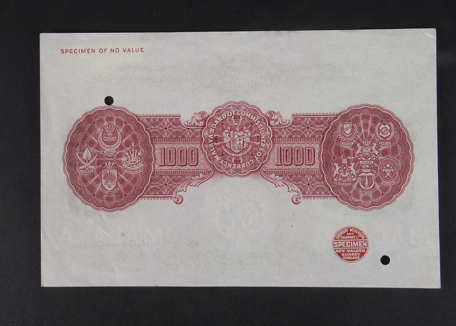Specimen Bank Note: Board of Commissioners of Currency, Malaya specimen 1000 Dollars, - Image 2 of 2