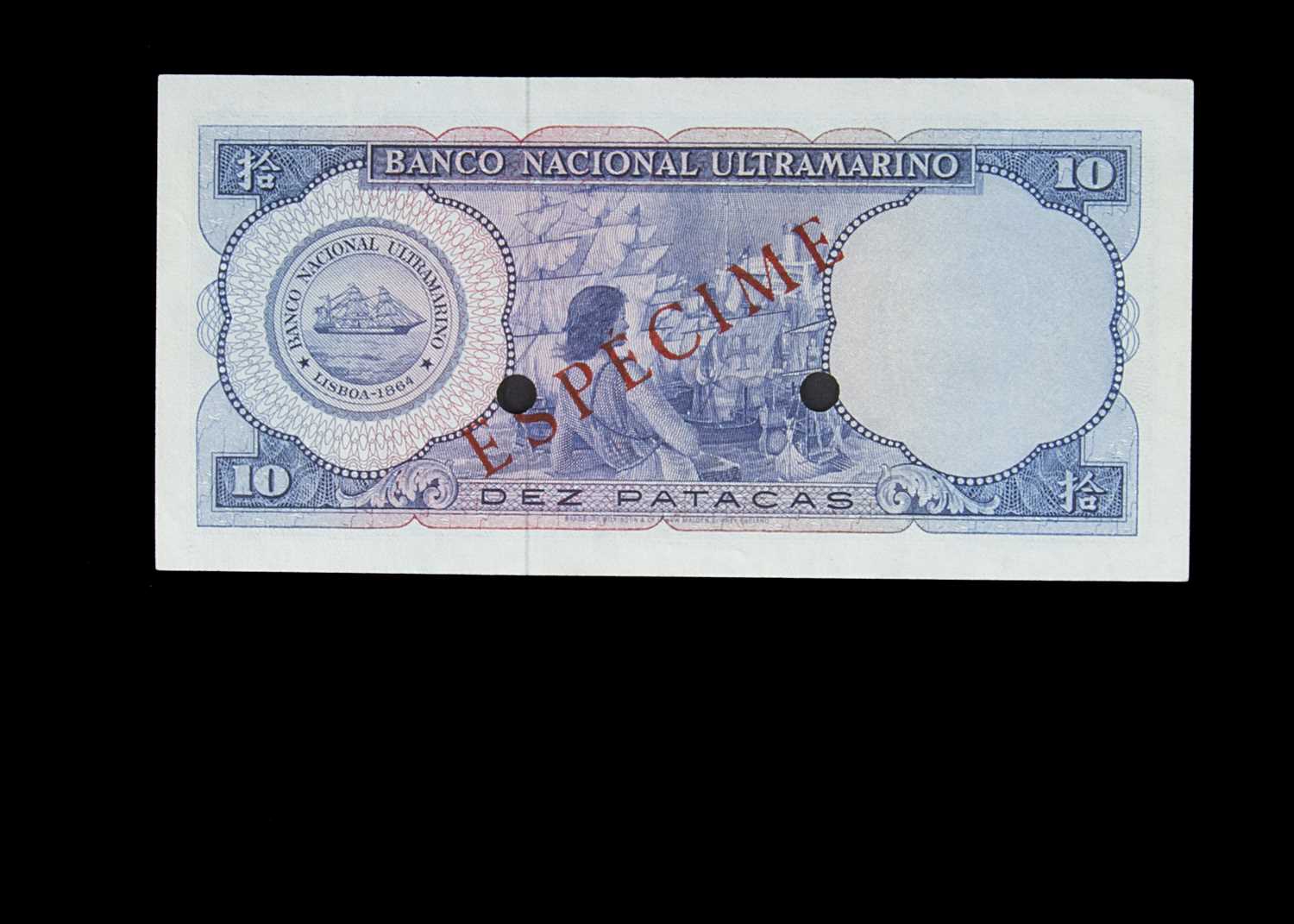 Specimen Bank Note: National Bank Ultramarino specimen 10 Patacas, - Image 2 of 2