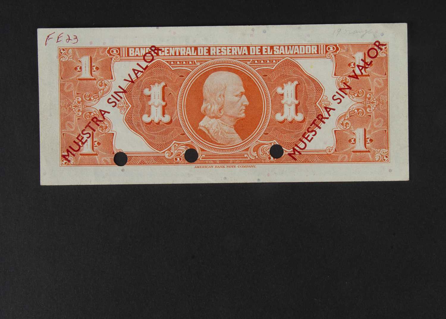 Specimen Bank Note: El Salvador Specimen 1 Colon, - Image 2 of 2